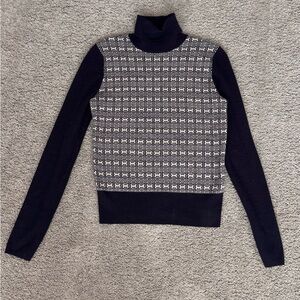 Tory Burch Navy Blue and Gray Patterned Turtleneck Sweater